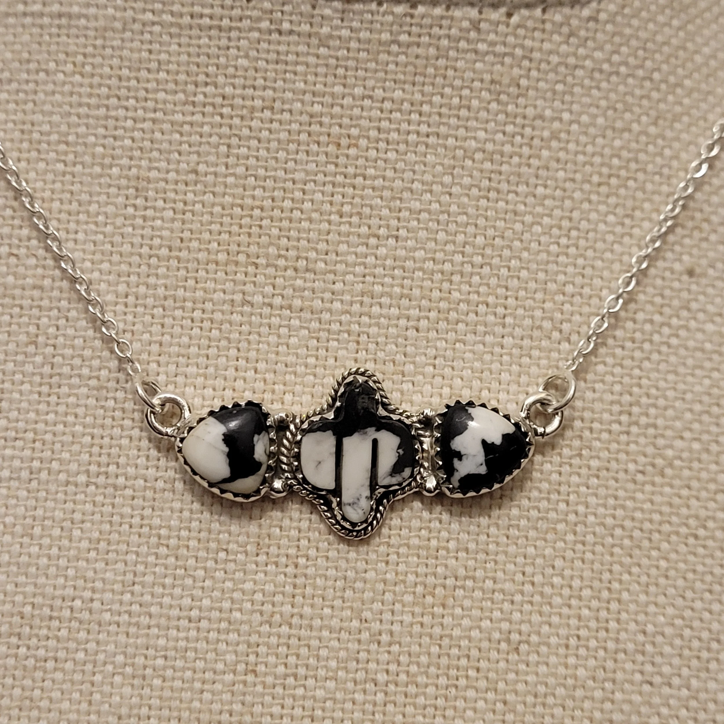 Sterling Silver White Buffalo Cactus Heart Bar Necklace