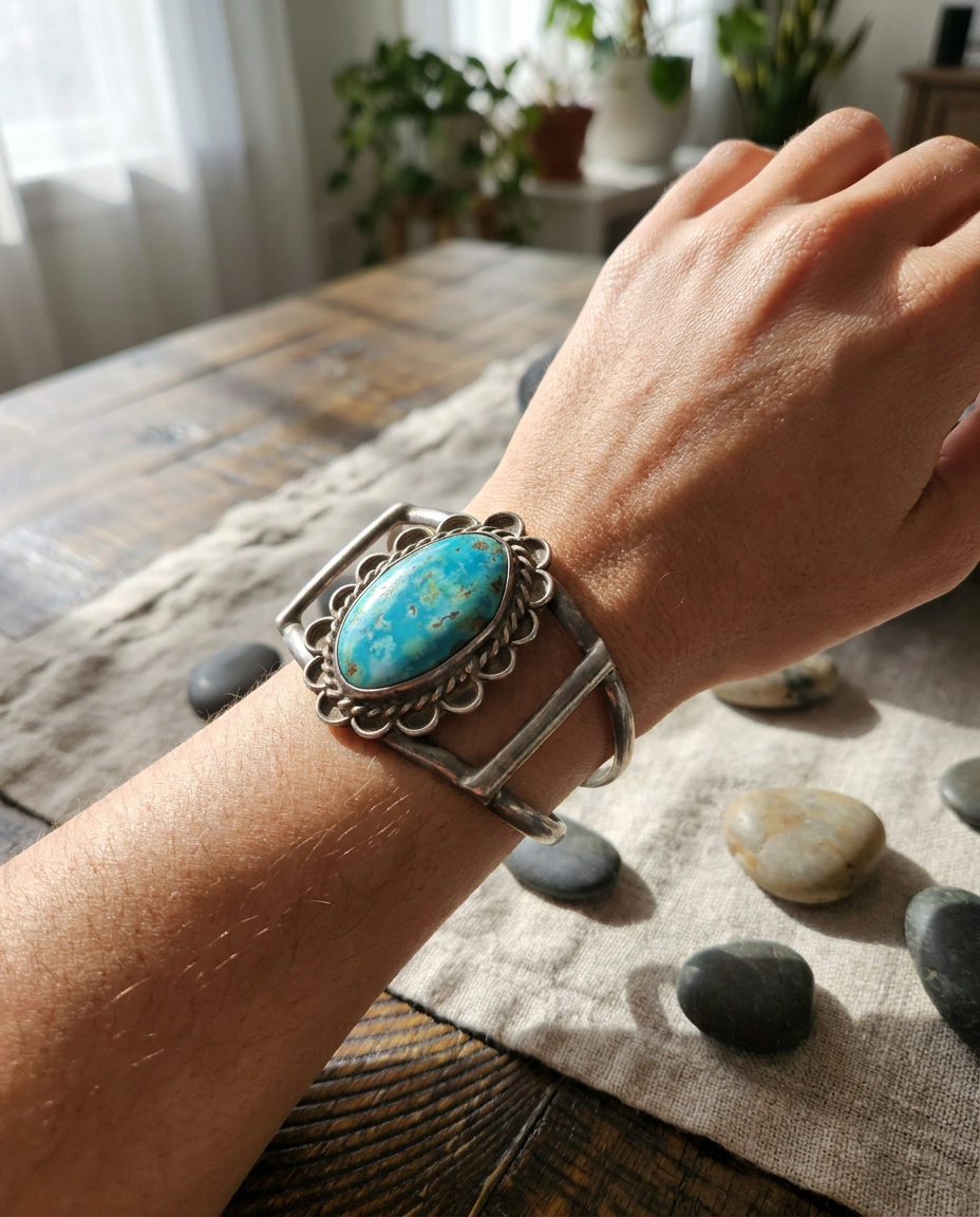 Vintage Sterling Silver Turquoise Slab Adjustable Cuff