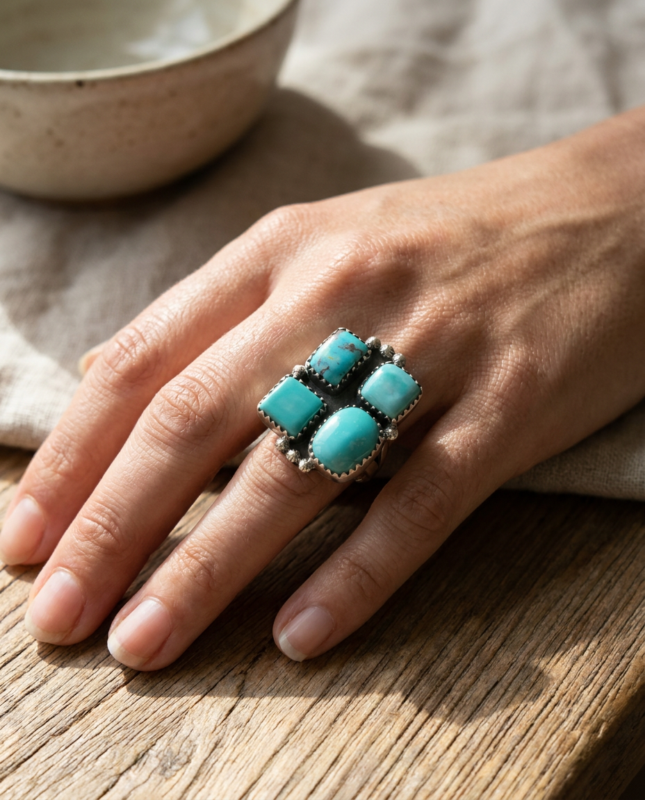 Sterling Silver Pilot Mountain Turquoise Cluster Ring Sz 7 Adjustable