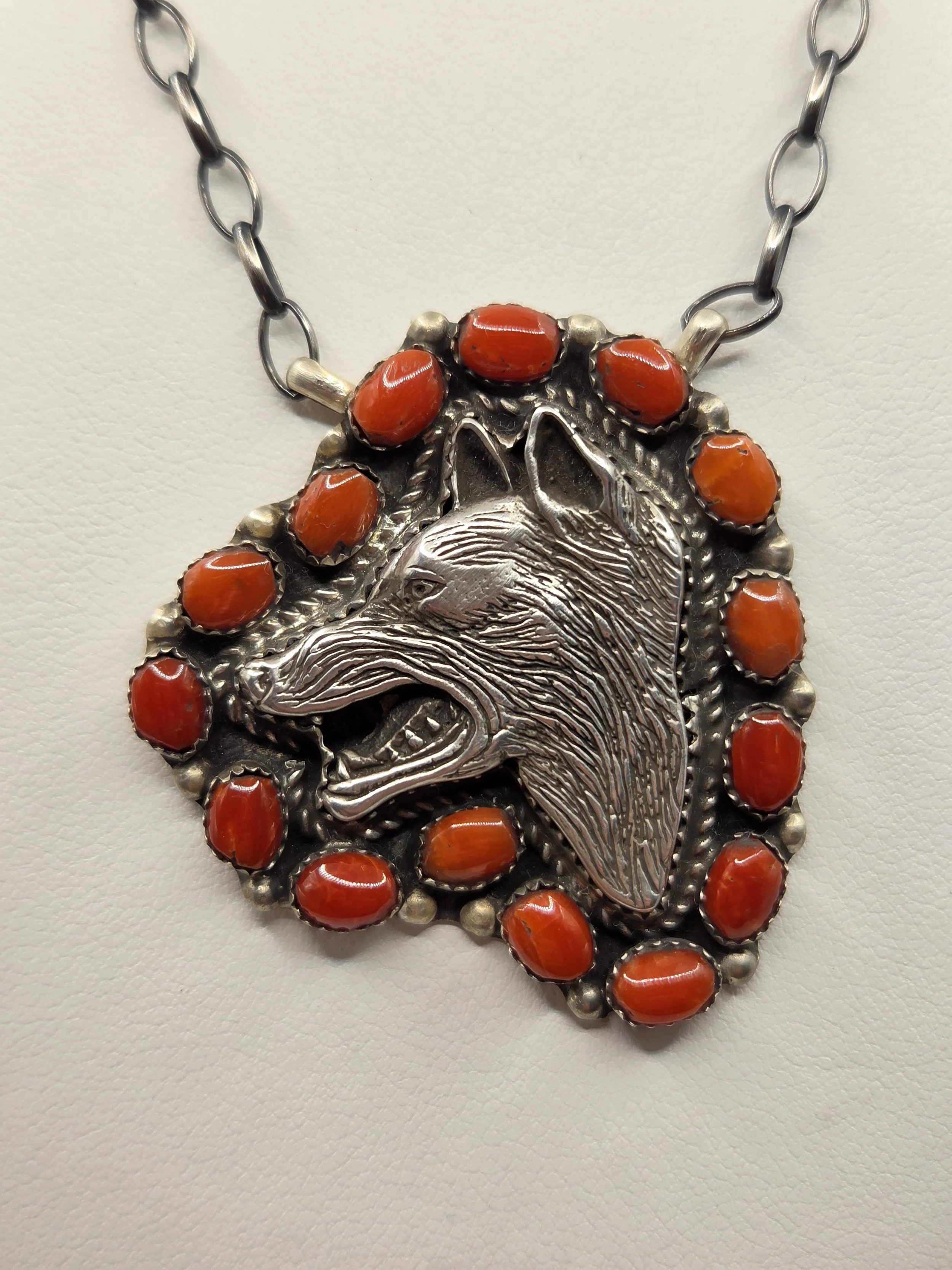 Sterling Silver Wolf Red Coral Necklace - Native American