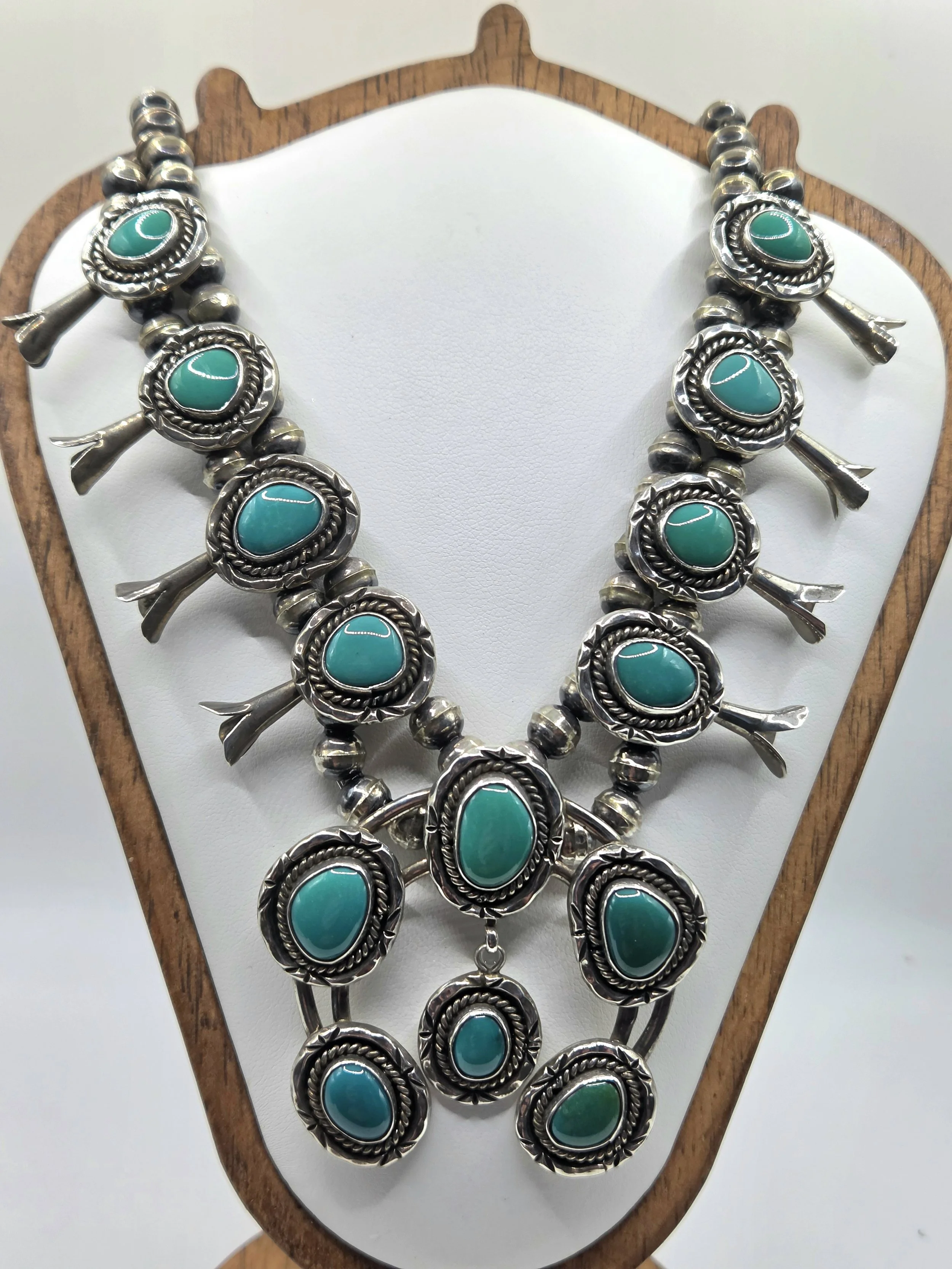 Sterling Silver Vintage Turquoise Squash Blossom Necklace - Native American