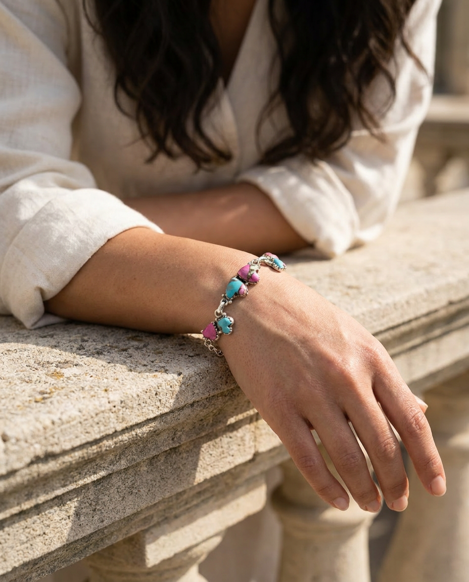 Sterling Silver 7"+ Cotton Candy Dahlia Heart Clasp Bracelet