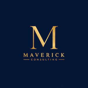 Logo with a large gold letter 'M' and the words 'Maverick Consulting' on a dark blue background.