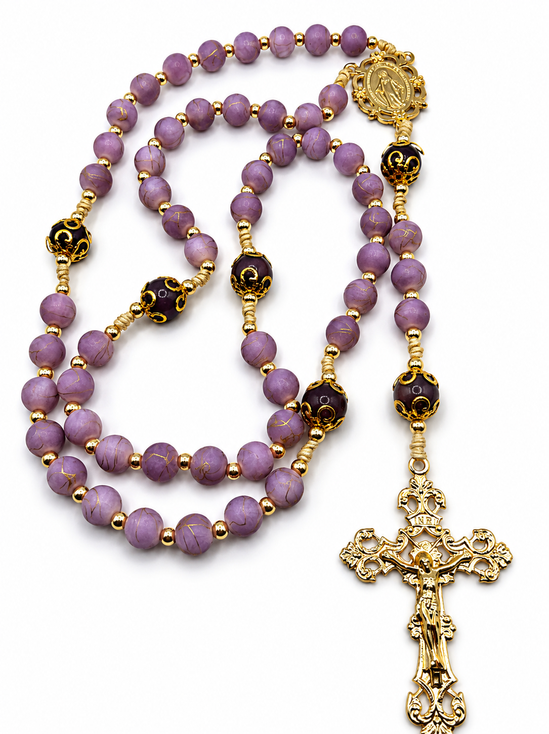 Lavender and Gold Ornate Crucifix Rosary
