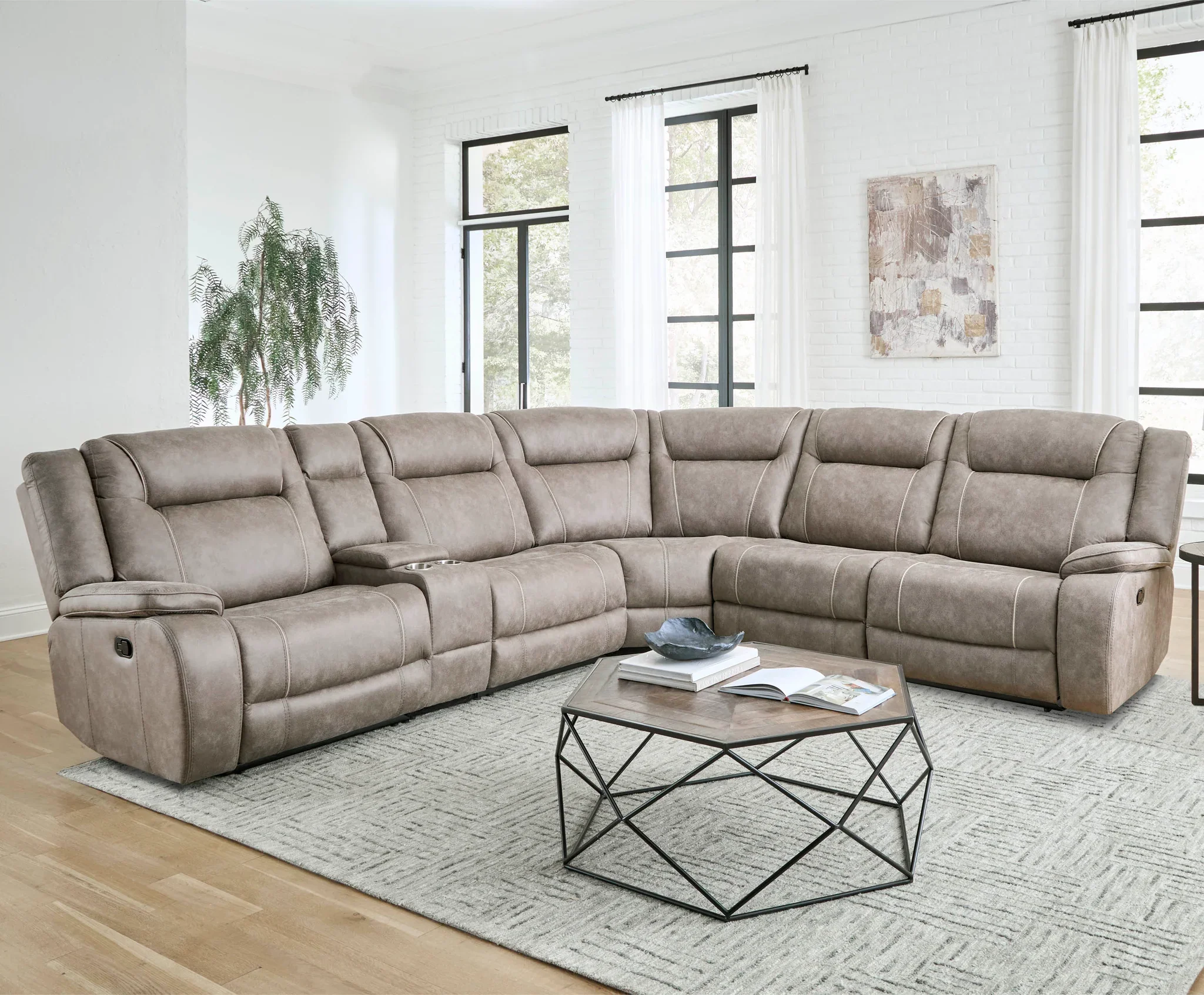 BLAKE - DESERT TAUPE 6PC MODULAR RECLINING SECTIONAL WITH ENTERTAINMENT CONSOLE