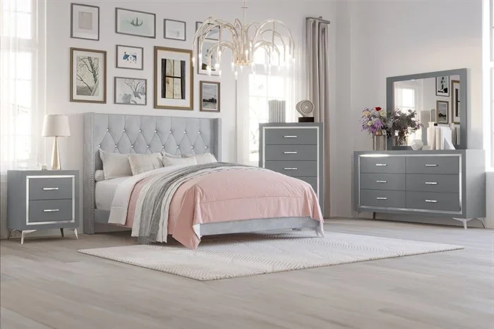 Huxley Gray 4pc Bedroom Set (Bed, dresser & mirror, nightstand)