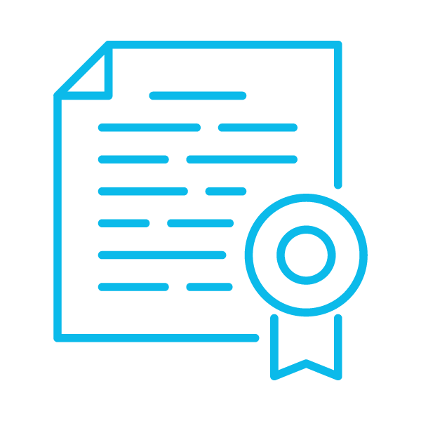 Outline of a certificate with a ribbon seal in blue color.