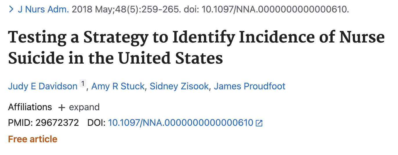 Title of a scientific journal article about testing strategies for identifying nurse suicide rates in the United States, with authors listed.