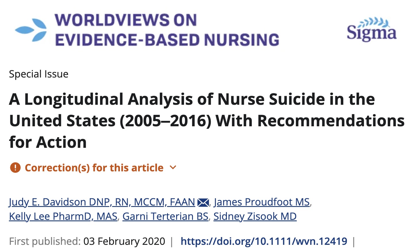Cover page of an academic article titled "A Longitudinal Analysis of Nurse Suicide in the United States (2005-2016) With Recommendations for Action," published in a journal called "Worldviews on Evidence-Based Nursing." The authors listed are Judy E. Davidson, James Proudfoot, Kelly Lee PharmD, Garni Tertian, and Sidney Zisok. The publication date is February 3, 2020, with a DOI link at the bottom.