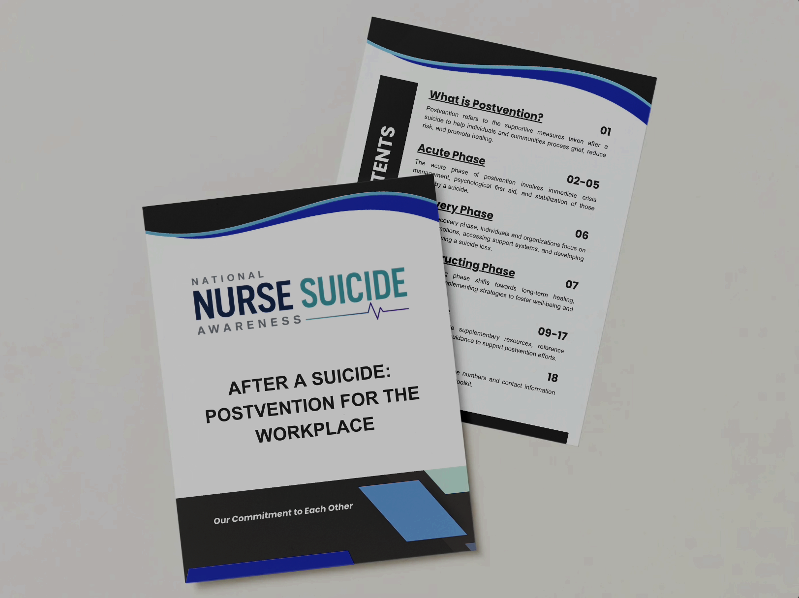 Brochure titled 'National Nurse Suicide Awareness,' focusing on postvention strategies after a suicide in the workplace.