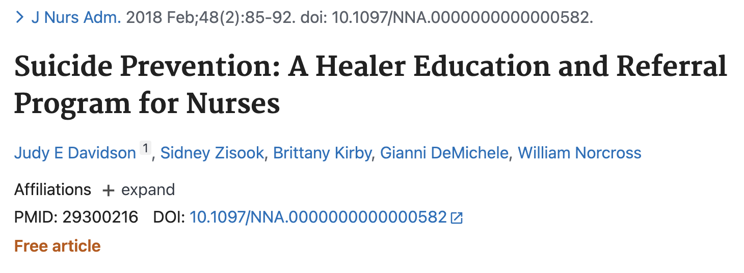 Screenshot of a research article titled 'Suicide Prevention: A Healer Education and Referral Program for Nurses' by authors Judy E Davidson, Sidney Zisoek, Brittany Kirby, Gianni DeMichele, and William Norcross, published in the Journal of Nursing Administration.
