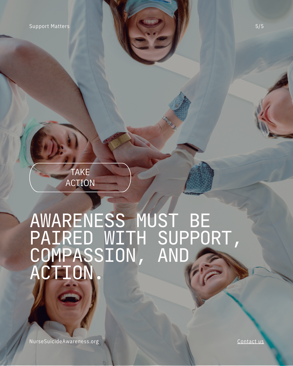 Group of healthcare professionals in white coats and gloves join hands in a circle, smiling and looking downward, symbolizing teamwork and support.