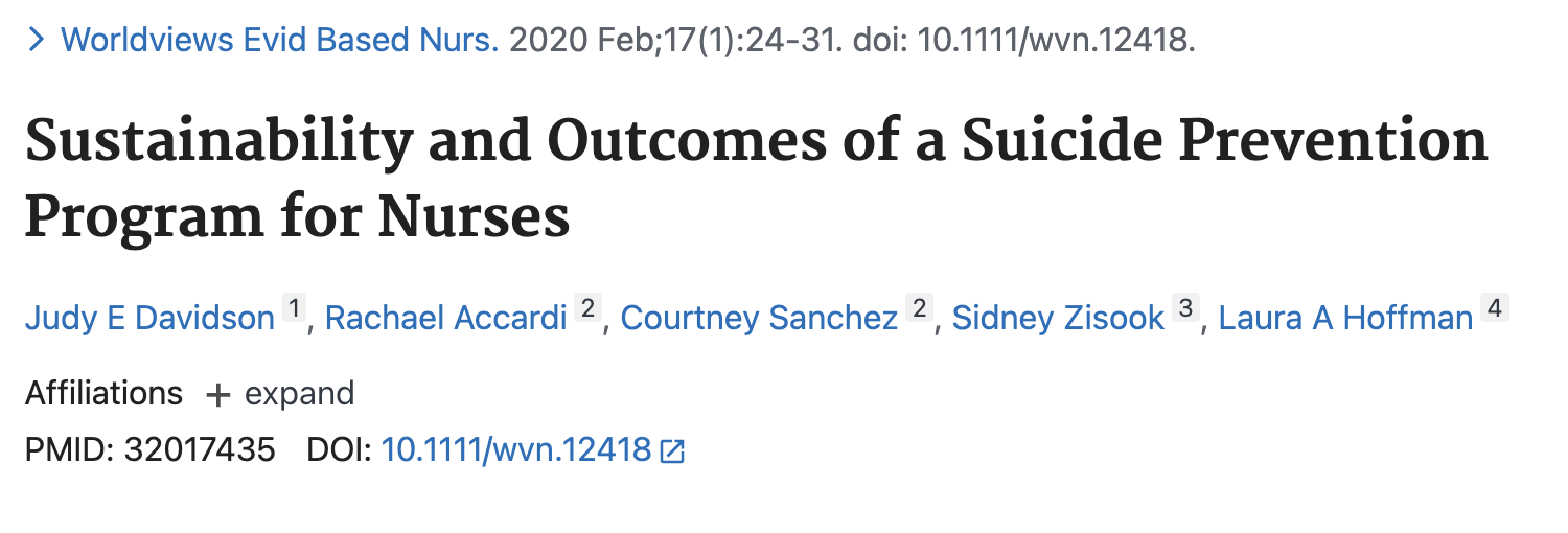 Screenshot of a scholarly article titled "Sustainability and Outcomes of a Suicide Prevention Program for Nurses," authored by Judy E Davidson, Rachael Accardi, Courtney Sanchez, Sidney Zisook, and Laura A Hoffman, published on February 17, 2020.