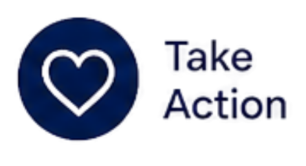 A blue circular icon with a heart in the center and the words "Take Action" next to it.