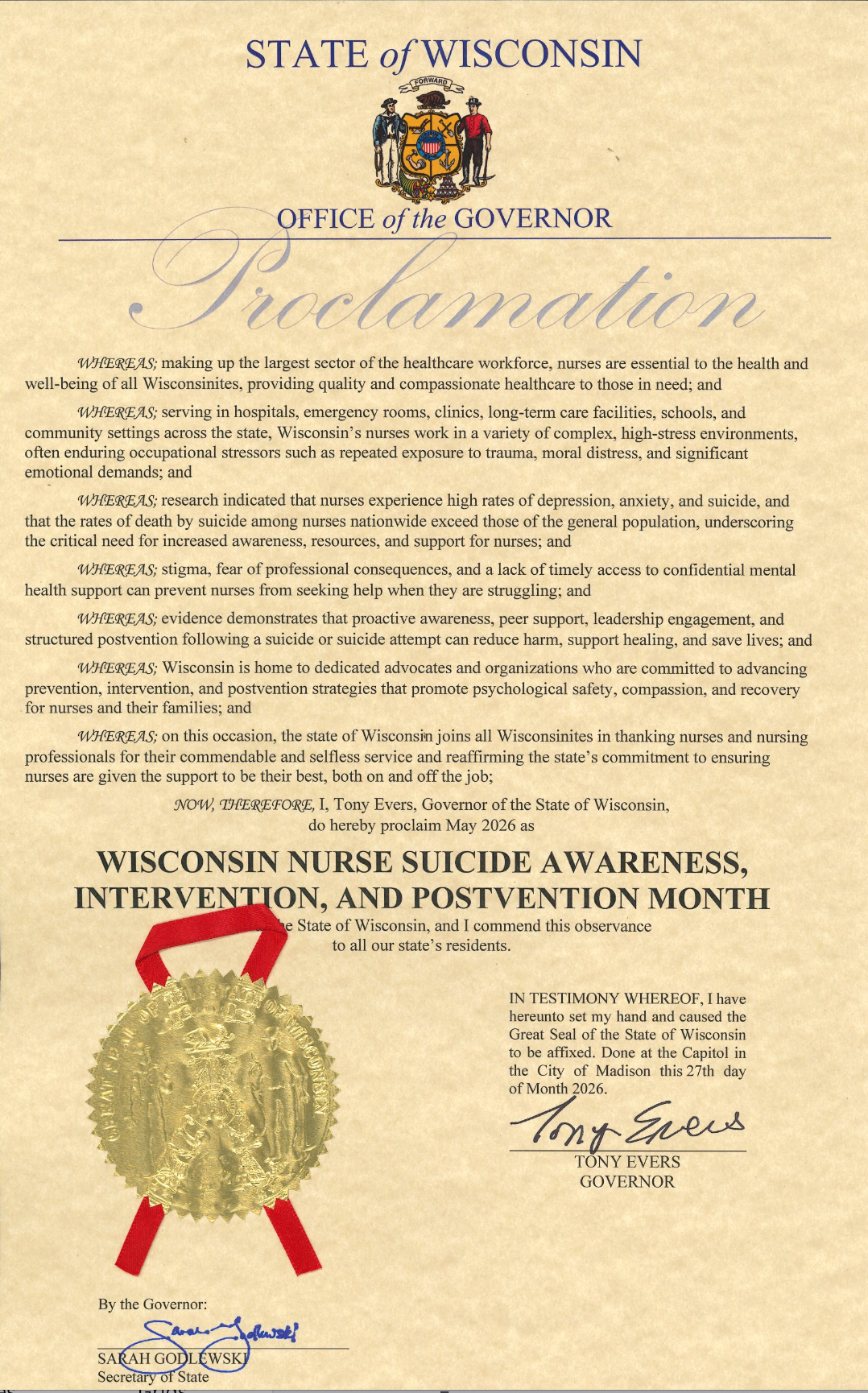 Official proclamation document from the State of Wisconsin declaring May 2026 as Wisconsin Nurse Suicide Awareness, Intervention, and Postvention Month, signed by Governor Tony Evers and Secretary of State Sarah Godlewski, featuring a gold seal and red ribbon.
