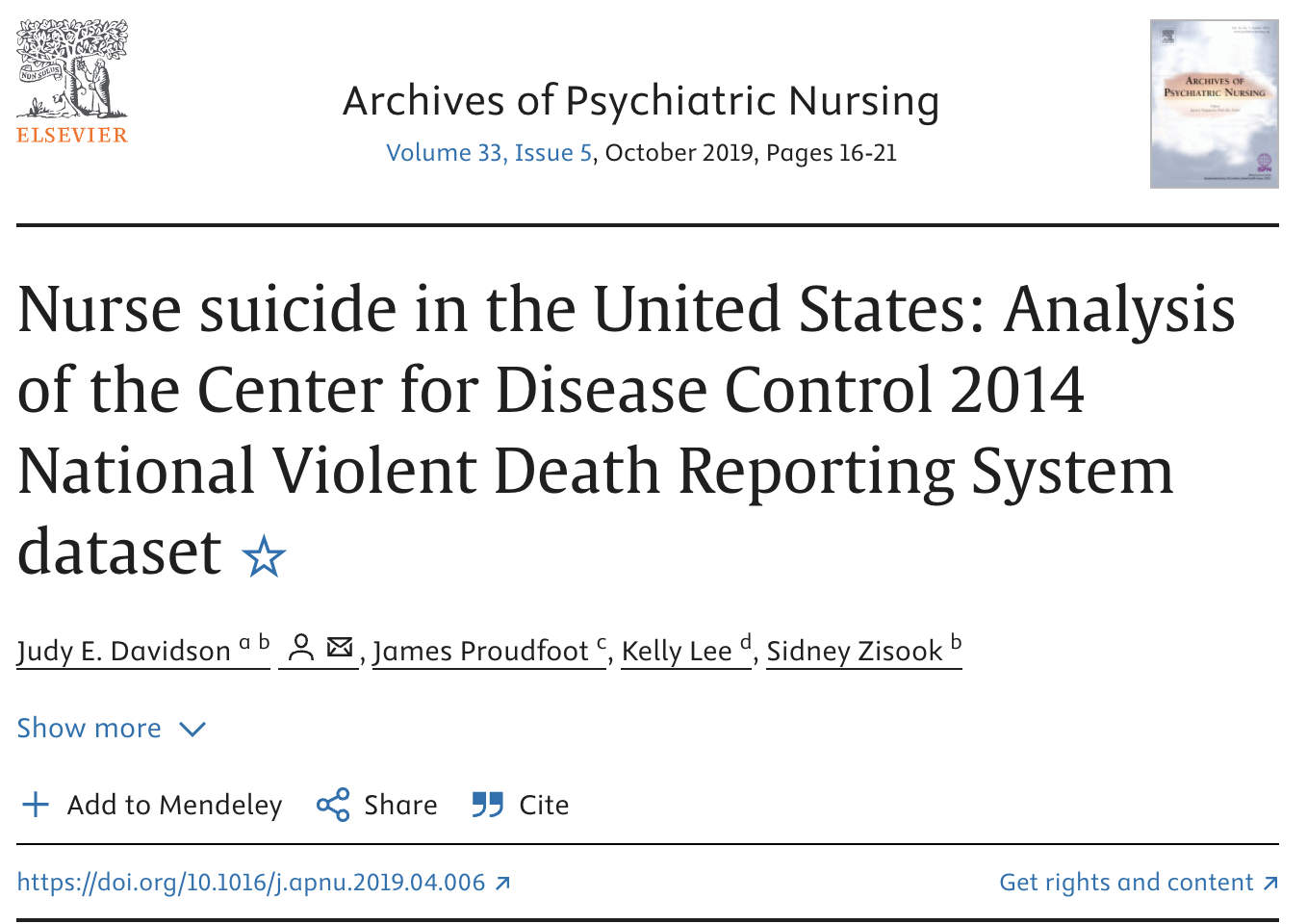 Cover page of a scholarly journal article titled 'Nurse suicide in the United States: Analysis of the Center for Disease Control 2014 National Violent Death Reporting System dataset.' The publication is from the 'Archives of Psychiatric Nursing,' Volume 33, Issue 5, October 2019, pages 16-21. The top left corner shows the Elsevier logo, and the top right corner has a small book cover image of the journal. The authors listed are Judy E. Davidson, James Proudfoot, Kelly Lee, and Sidney Zisook.