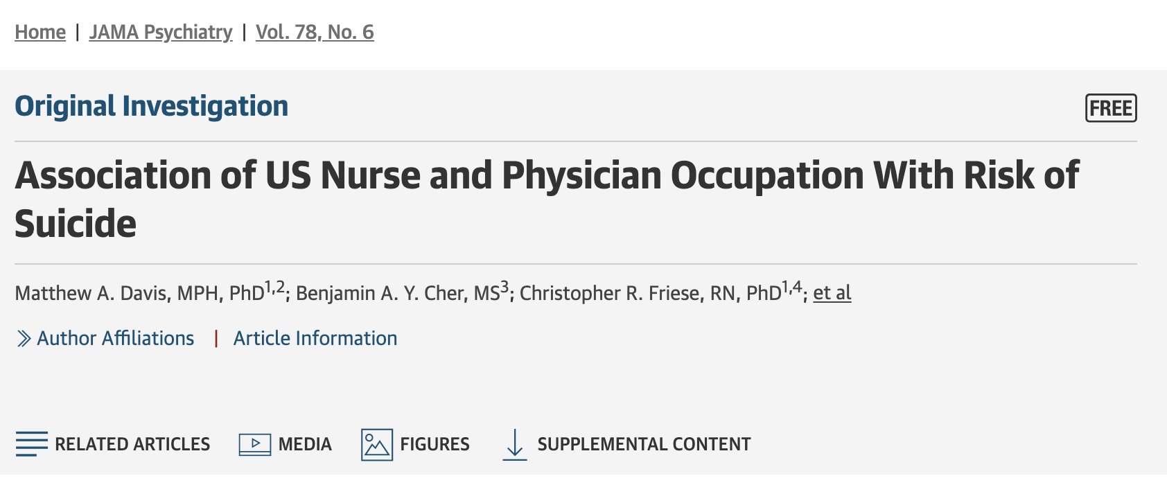 Screenshot of a scholarly article titled "Association of US Nurse and Physician Occupation With Risk of Suicide" from JAMA Psychiatry, Volume 78, Number 6, with author names and links to related content.