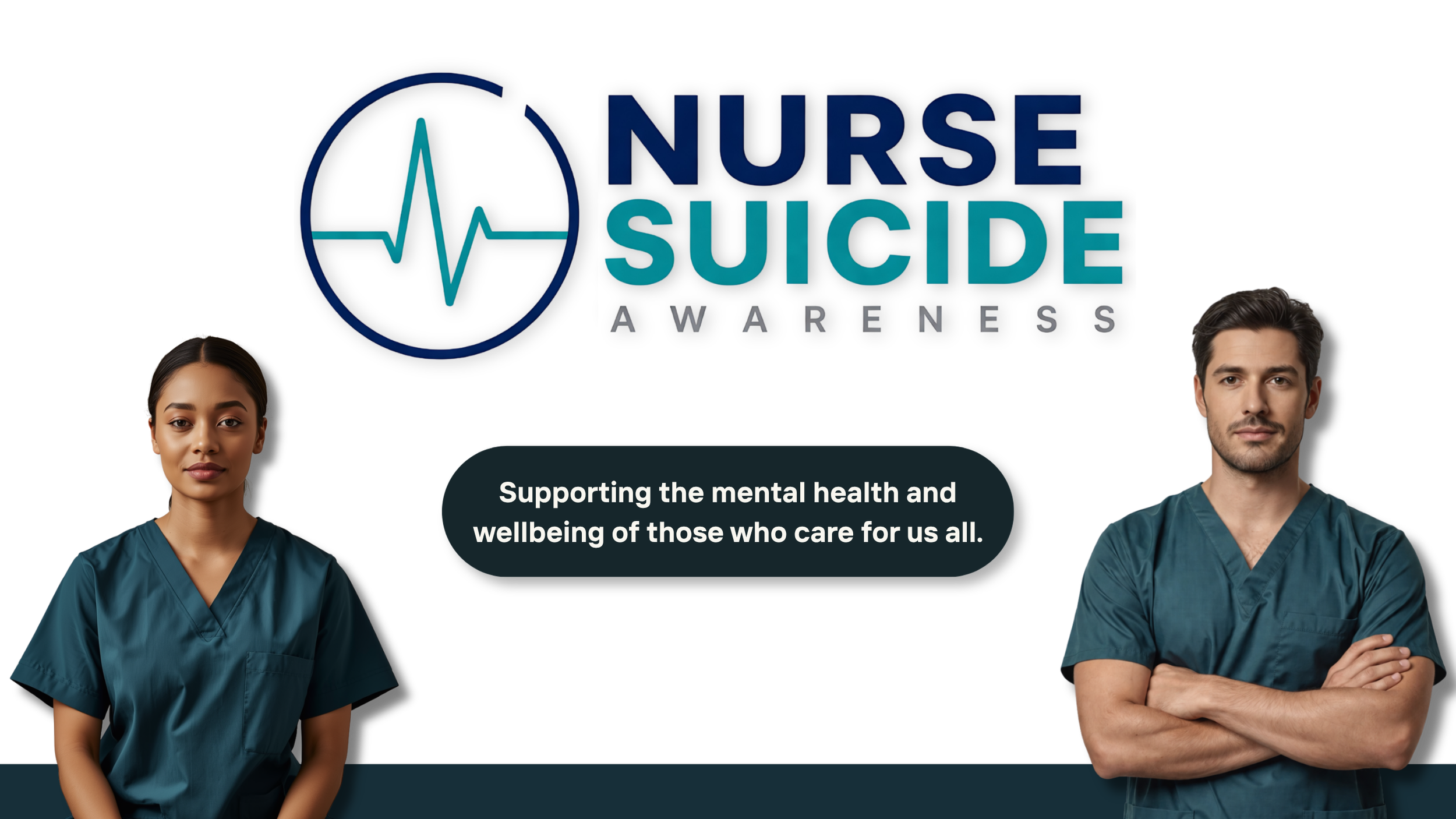 Logo with a heart monitor and the words "NURSE SUICIDE AWARENESS" above a woman and a man in medical scrubs, with a dark background.