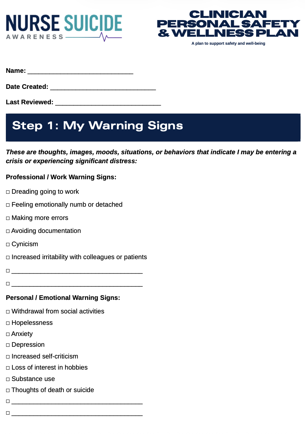 Nurse Suicide Awareness Clinician Personal Safety and Wellness Plan worksheet with sections for warning signs, personal and emotional indicators.