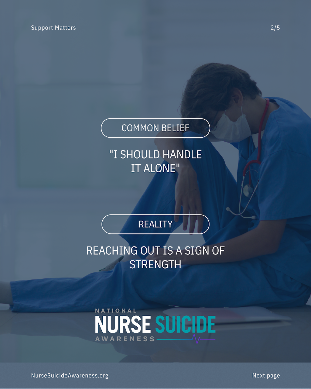 A nurse wearing scrubs, a face mask, and a stethoscope, sitting with her head bowed in a hospital or clinical setting. Overlaid text discusses mental health misconceptions and support for nurses. 