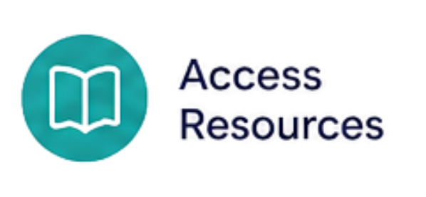 A teal circle with an open book icon on the left side and the words 'Access Resources' in dark blue text on the right side.