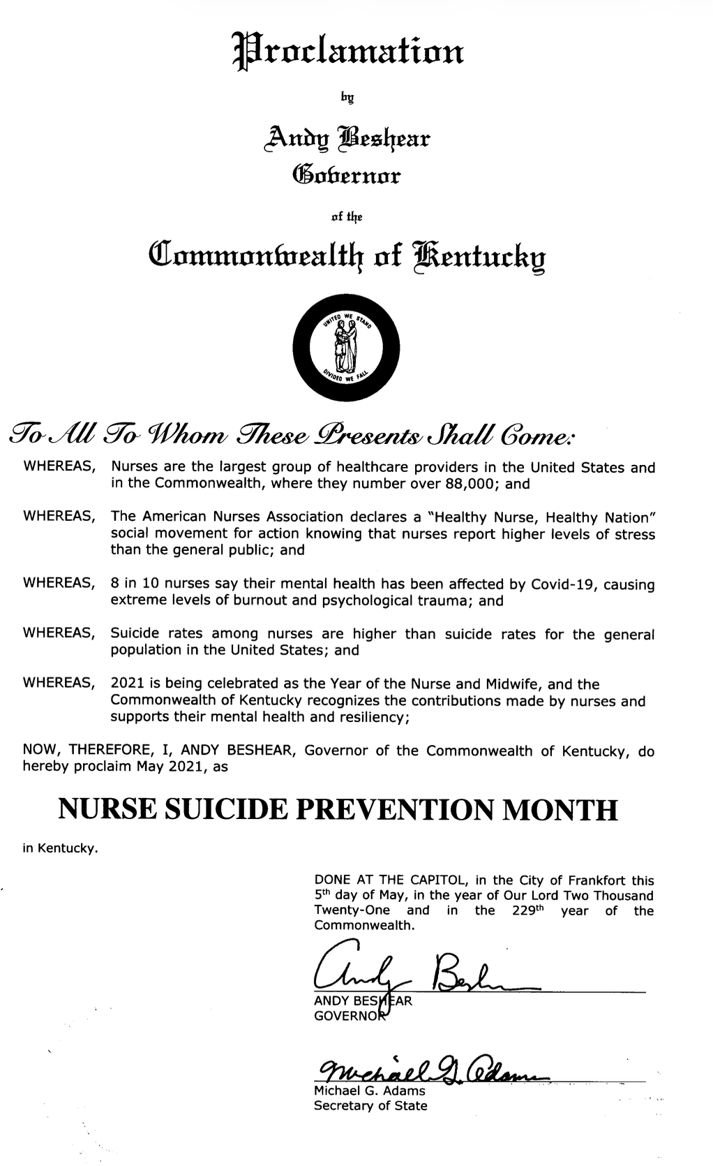A proclamation document from Kentucky's governor advocating for nurse suicide prevention month, dated May 5th, 2021, with signatures of the governor and secretary of state.
