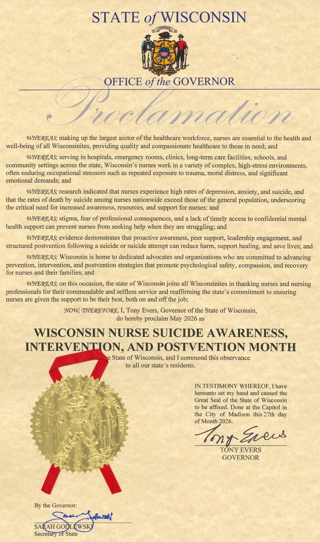 Official Wisconsin proclamation for National Nurse Suicide Awareness, Intervention, and Postvention Month, issued by Governor Tony Evers, with a gold seal and red ribbon, dated May 2026.