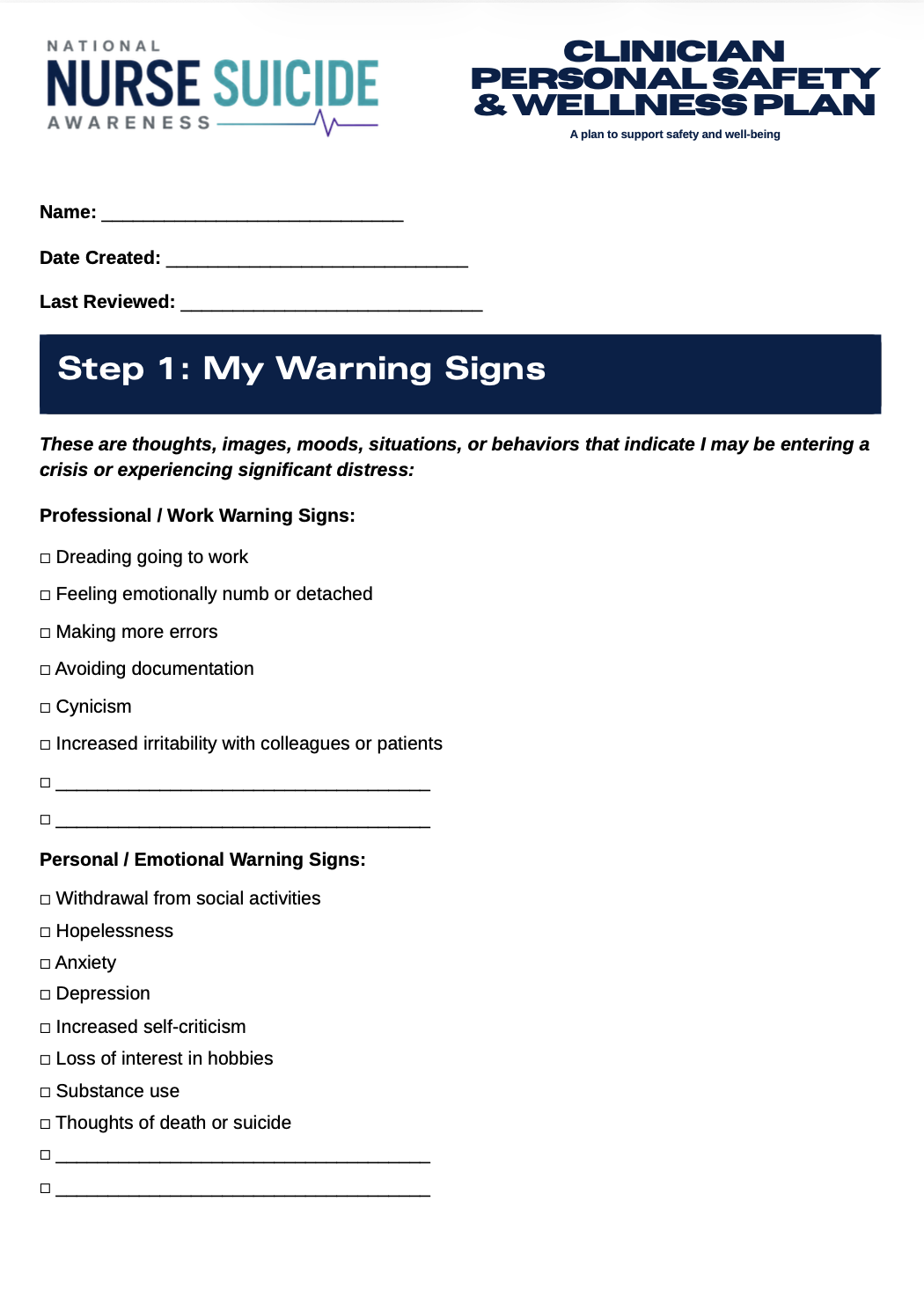 A health and safety plan titled 'Nurse Suicide Awareness Clinician Personal Safety & Wellness Plan' with sections for personal and professional warning signs, including checkboxes for various mental health and emotional indicators.