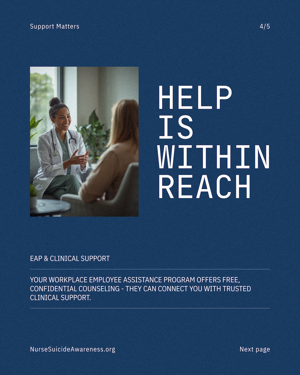 A flyer for workplace mental health support featuring a nurse talking to a patient in an office setting. The flyer includes the message, "Help is within reach," and promotes free confidential counseling through a workplace employee assistance program.