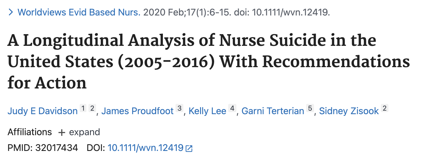 Screenshot of a scientific article titled "A Longitudinal Analysis of Nurse Suicide in the United States (2005-2016) With Recommendations for Action,” authored by Judy E Davidson, James Proudfoot, Kelly Lee, Garni Terterian, and Sidney Zisook, published in the journal Worldviews Evid Based Nurs.