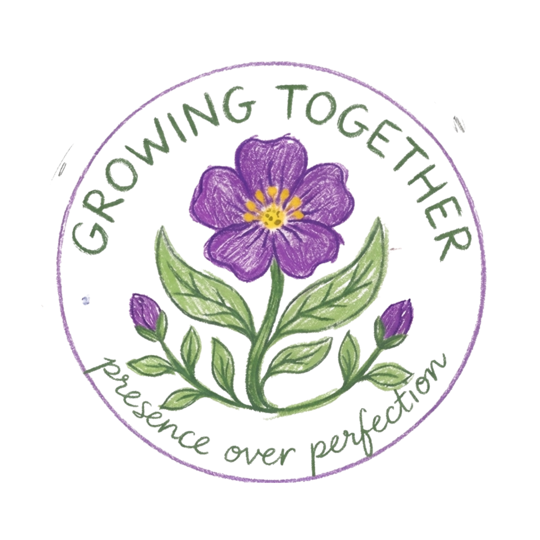 Hand-drawn logo featuring a purple flower with green leaves and the words "Growing Together" and "Resilience over perfection" in green and gray curving around the flower.