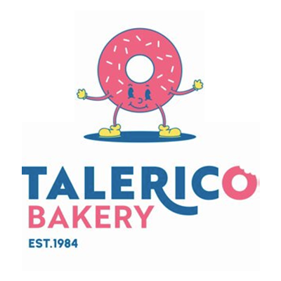 A cartoon pink donut with sprinkles, arms, legs, and a face, standing with a happy expression. Below it, the text reads "Talerico Bakery" with "EST. 1984."