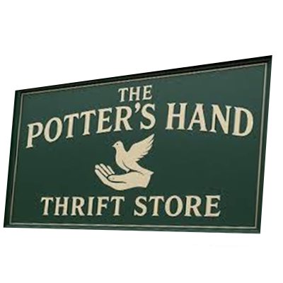 Sign for The Potter's Hand Thrift Store with a dove logo.