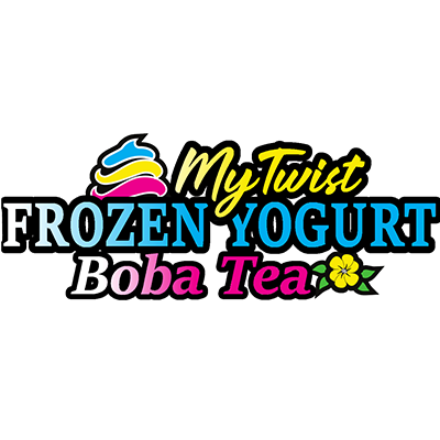 Logo for My Twist Frozen Yogurt Boba Tea featuring colorful text and a stylized ice cream cone with three scoops.