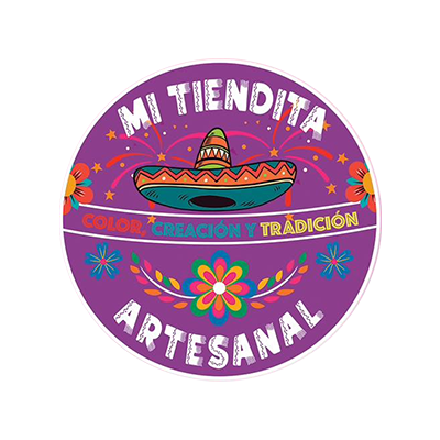 Colorful circular logo featuring a sombrero, flowers, and decorative elements with the text 'Mi Tiendita Artesanal' and 'Color, Creación y Tradición'.