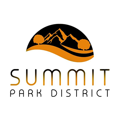 Logo for Summit Park District showing mountains, trees, and a curved line underneath with the text 'SUMMIT PARK DISTRICT' below.