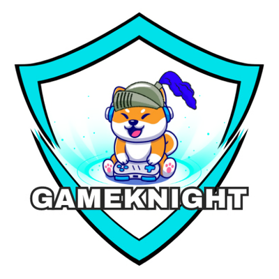 Cartoon dog wearing a headset and a helmet, sitting on a skateboard inside a shield with blue accents, with the text 'GAMEKNIGHT' below.