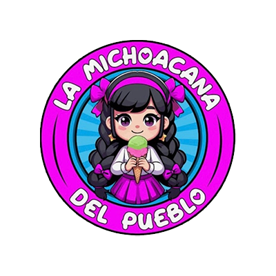 A cartoon girl with black hair and pink bows holding an ice cream cone inside a circular logo with purple and blue colors. The text around the circle reads 'La Michoacana del Pueblo'.