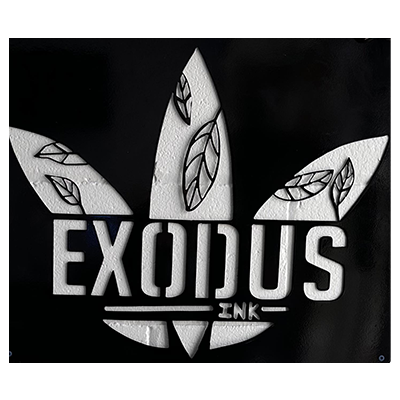 A black and white logo featuring a stylized plant with three leaves and the word 'EXODUS' in bold uppercase letters, with 'INK' written below in smaller print.