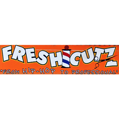 Bright orange logo for Fresh Cutz barber shop with graffiti-style text and a barber pole replacing the "I" in "Cutz". Tagline: "From Hip-Hop to Professional".