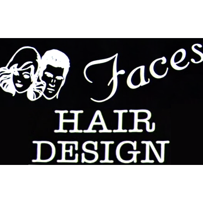 Logo for Faces Hair Design featuring illustrated faces of a woman and a man.