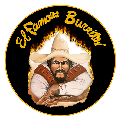 Illustration of El Famous Burrito logo with a man wearing a large sombrero, with arms crossed and a stern expression, surrounded by flames and the text 'El Famous Burrito' in yellow.