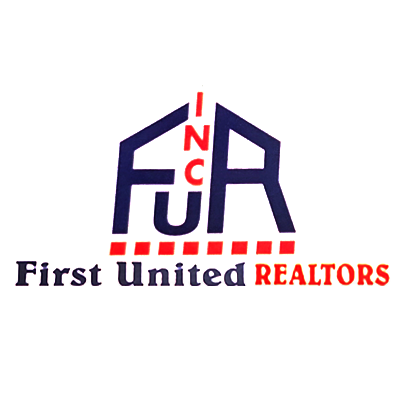 Logo for First United Realtors with bold letters and dashed red line.
