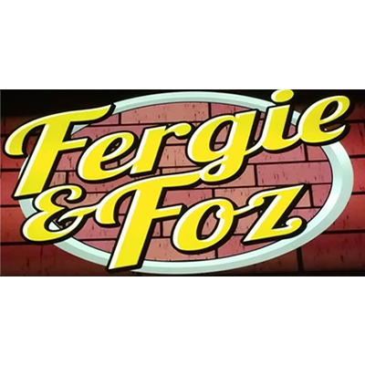 Graphic logo for 'Fergie & Foz' with yellow text on a brick wall background.