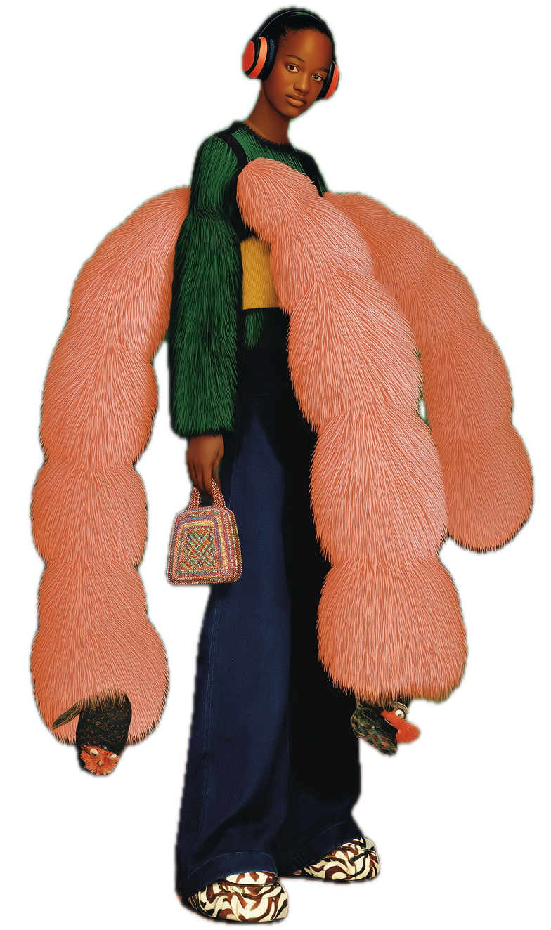 A woman wearing oversized pink fur coat with black tips, green jacket underneath, yellow crop top, wide-leg dark jeans, patterned shoes, large headphones, and holding a small colorful handbag.