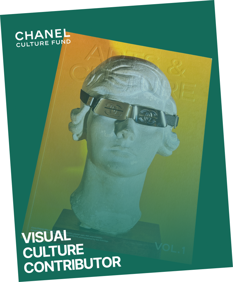 Book titled 'Chanel Culture Fund Visual Culture Contributor' featuring a sculpture bust wearing sunglasses with the Chanel logo, set against a yellow and green background.