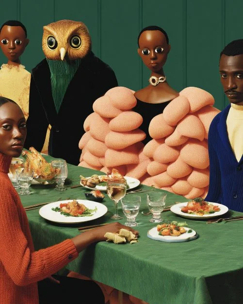 People dressed in colorful, artistic clothing sitting and standing around a table with food and drinks, with a green background.