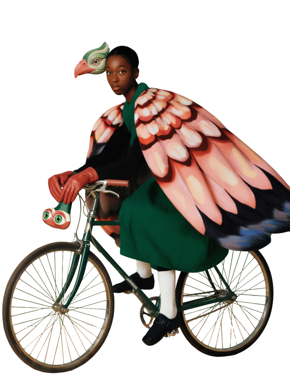 A woman riding a bicycle, wearing a butterfly wing cape, with a bird mask on her head and a small puppet with big eyes on the handlebar, in a stylized and surreal fashion.