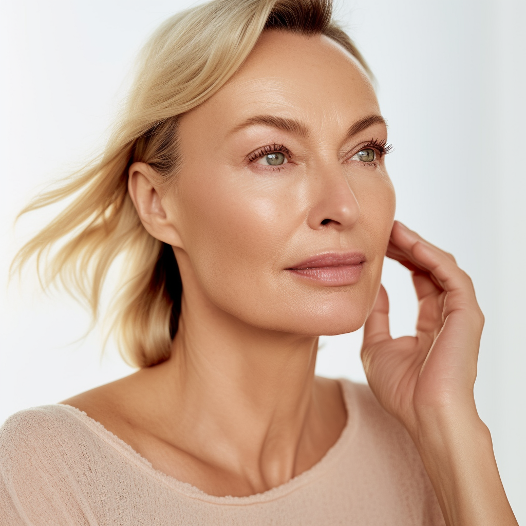 Close-up of a woman with blonde hair, natural makeup, and a peaceful expression.