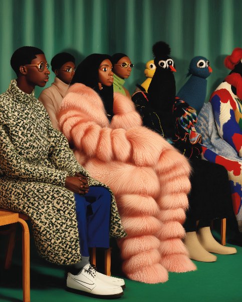 A group of people and puppet characters sitting in a row during a show or event, including women in fashionable outfits and large colorful puppet costumes of birds and a person in overalls with a paint palette.